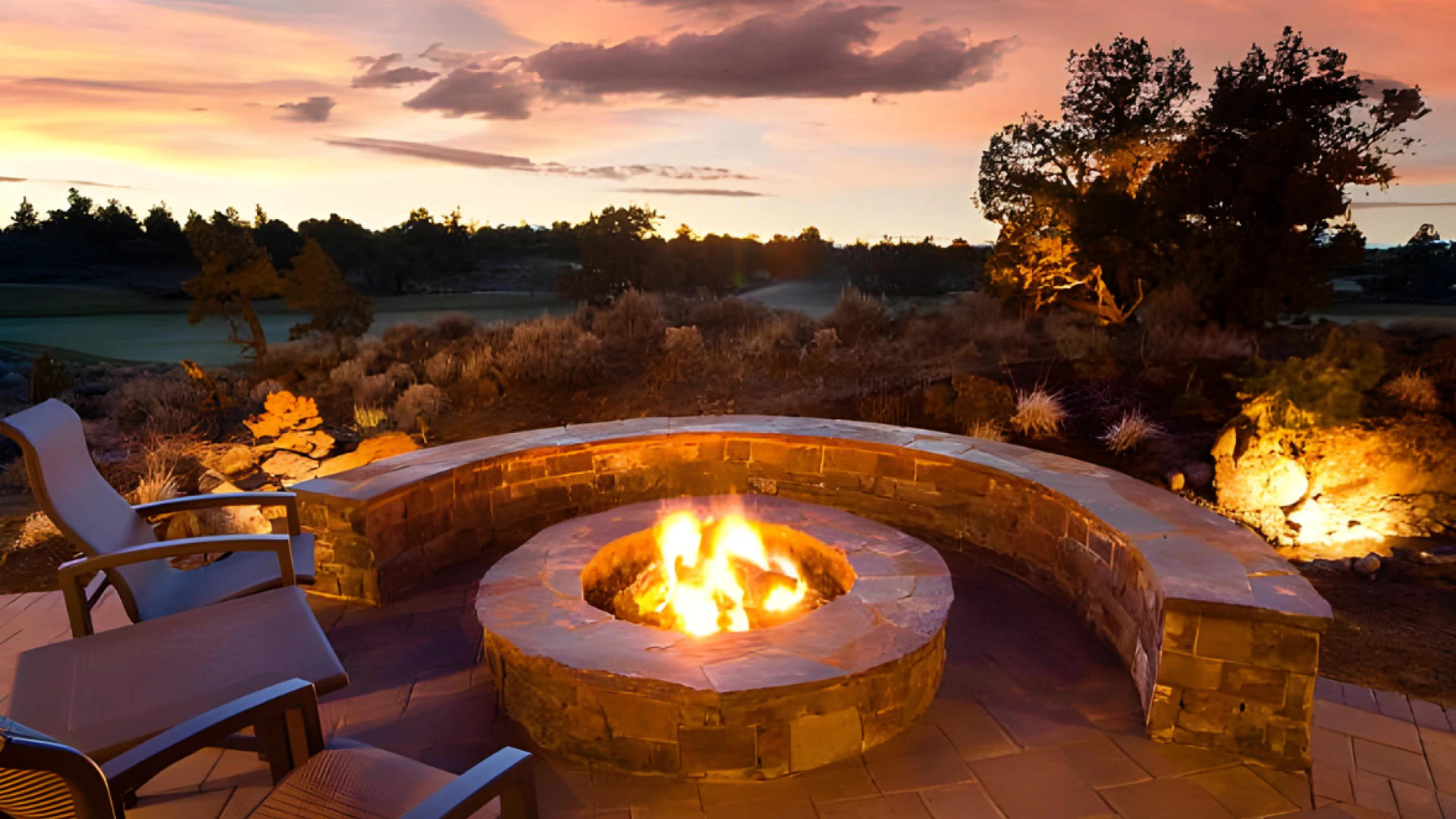 lit outdoor fireplace